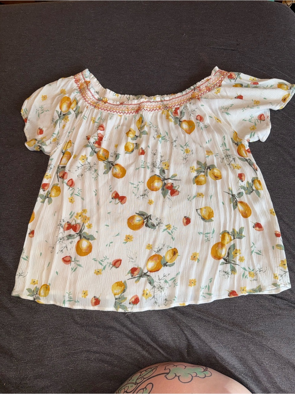 White Floral Off-Shoulder Top with Yellow Orange Fruit Print